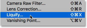 Selecting the Liquify filter in Photoshop