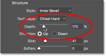 Increasing the Depth value for the Bevel and Emboss layer style