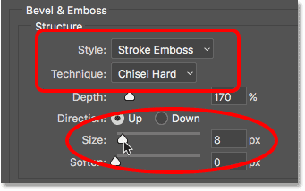 The Style, Technique and Size options for the Stroke layer style