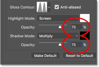 Increasing the Highlight and Shadow opacity values in Photoshop's Bevel and Emboss options