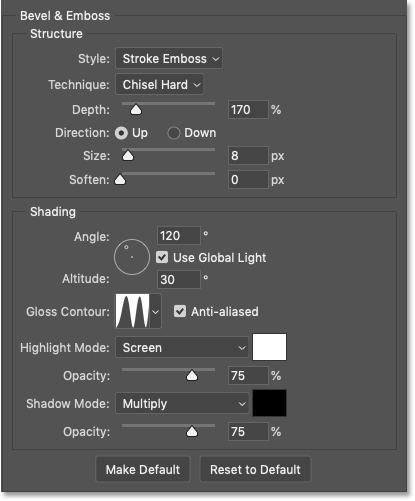 Photoshop's Bevel and Emboss settings for the Stroke in the Gold text effect