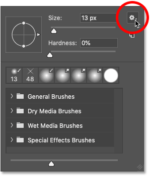 Clicking the Brush Preset Picker's menu icon in Photoshop CC