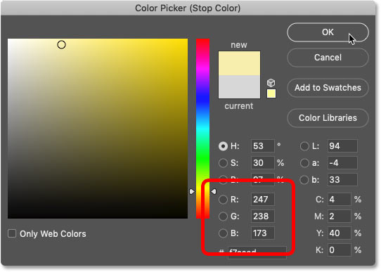 Changing the color for the left side of the gold gradient in Photoshop