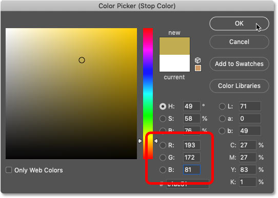 Changing the color for the right side of the gold gradient in Photoshop