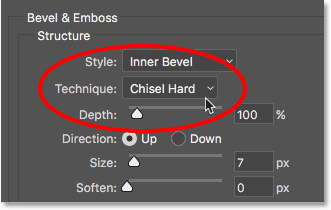 Changing the Bevel and Emboss technique to Chisel Hard. 