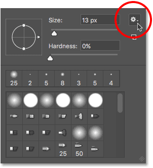 النقر فوق رمز القائمة في منتقي Brush Preset في Photoshop