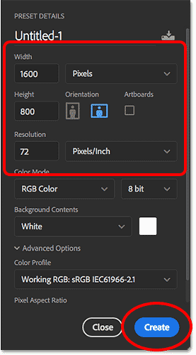 The width, height and resolution of the new Photoshop document