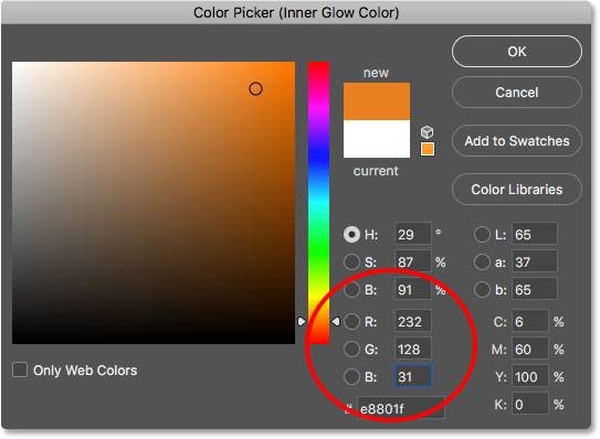 Changing the inner glow color using the Color Picker