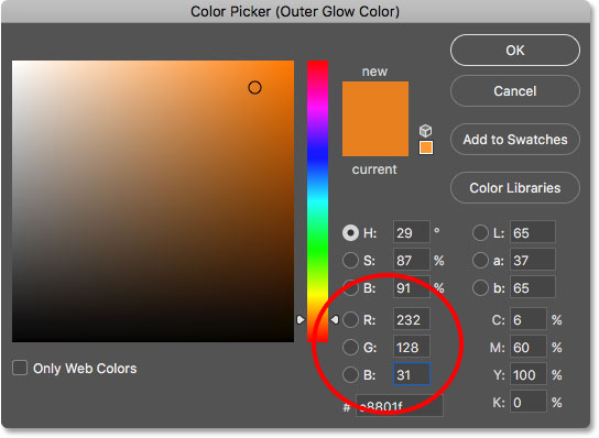 Changing the color of the Outer Glow in the Color Picker