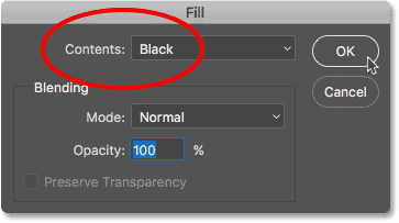 Setting the Contents option to Black in Photoshop's Fill dialog box