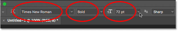 Choosing a font for the gold text effect in the Options Bar in Photoshop.