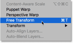 Selecting the Free Transform command in Photoshop