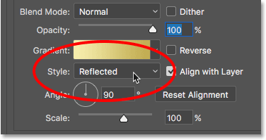 Changing the gradient Style from Linear to Reflected.