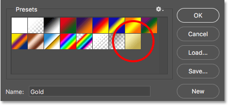 The new Gold gradient appears in the Presets area in the Gradient Edito