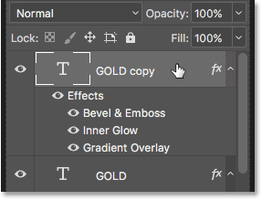 Selecting the top Type layer in the Layers panel. 