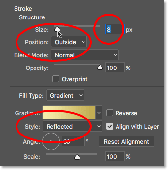 خيارات Stroke في شاشة Layer Style