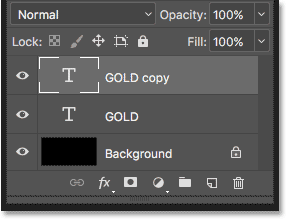 Photoshop's Layers panel showing the 'GOLD copy' Type layer