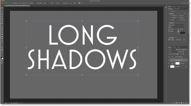 The Free Transform box and handles around the text in the Photoshop document