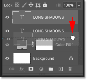 Dragging the copy of the type layer below the original in Photoshop's Layers panel