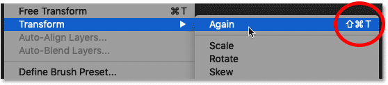 Viewing the keyboard shortcut for Photoshop's Transform again command