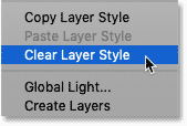 Selecting the Clear Layer Style command in Photoshop