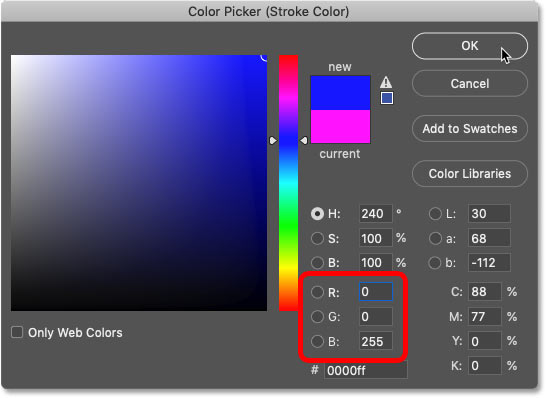 Setting the color of the second stroke to blue in Photoshop's Color Picker