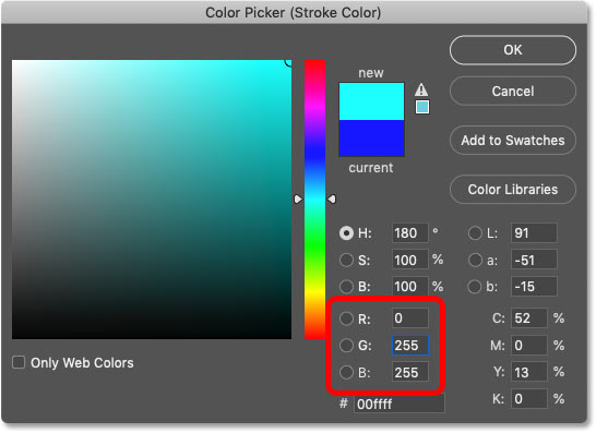 Setting the color of the third stroke to cyan in Photoshop's Color Picker