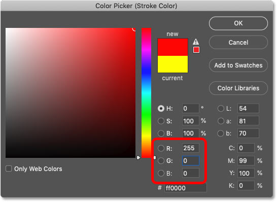 Setting the color of the sixth stroke to red in Photoshop's Color Picker