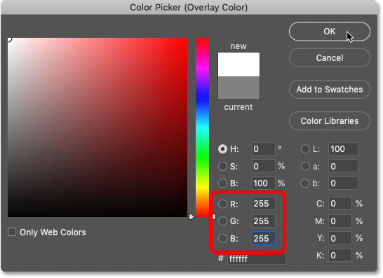 Choosing white from the Color Picker