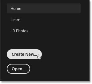 Clicking the Create New button to create a new Photoshop document from the Home Screen