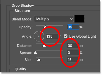 Setting the Drop Shadow's angle, distance and size in Photoshop's Layer Style dialog box