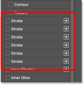 The multiple strokes are still visible in Photoshop's Layer Style dialog box