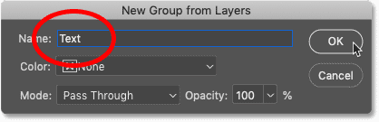 Naming the new group 'text' in the New Group from Layers dialog box