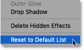 Choosing the Reset to Default List command in Photoshop's Layer Style dialog box