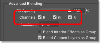 The R, G and B channel checkboxes in Photoshop's Blending Options