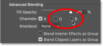 Turning off the Green and Blue channels in Photoshop's Blending Options