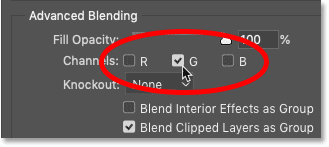 Turning the Green channel on and the Red and Blue channels off in Photoshop's Blending Options.