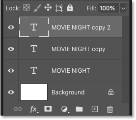 Photoshop's Layers panel showing the original type layer and two copies.