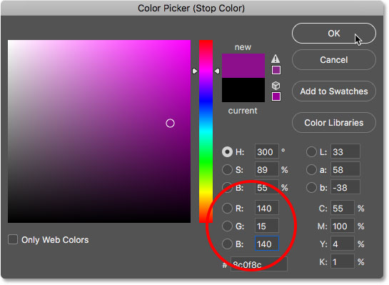 اختيار اللون الوردي الداكن في Color Picker. 