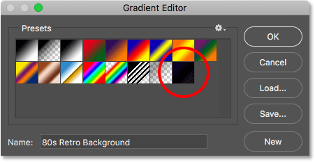 The 80s Retro Background gradient appears as a thumbnail in the Presets area. 