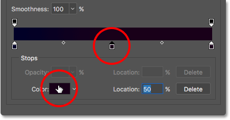 Adding a third color stop and clicking the color swatch. 