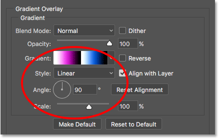 The gradient Style and Angle options. 