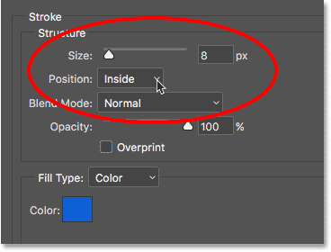 The Size and Position options for the stroke. 