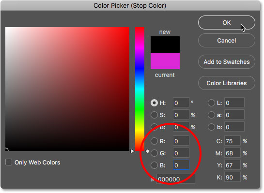 اختيار اللون الأسود من Color Picker. 