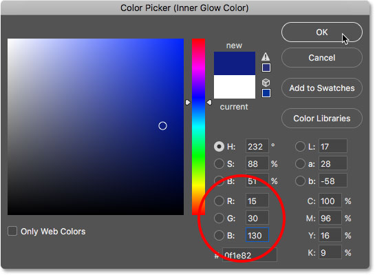 اختيار اللون الأزرق الداكن من Color Picker. 