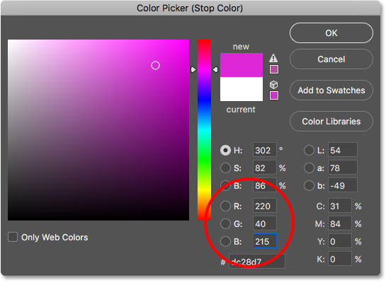 اختيار اللون الوردي من Color Picker. 