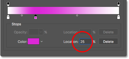 Setting the Location of the new color stop to 25 percent. 