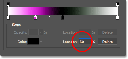 Setting the Location of the new color stop to 50 percent. 