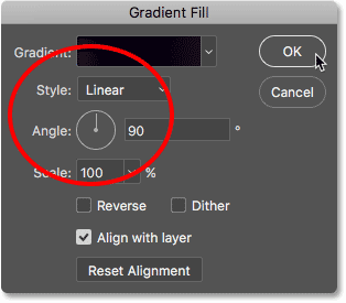 خيارات Style and Angle في شاشة Gradient Fill. 