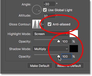 Increasing the Highlight Mode and Shadow Mode opacity values to 100 percent. 